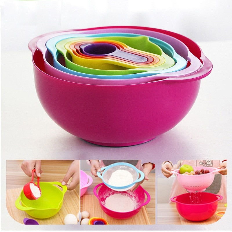 10pc Plastic Mixing Bowls Set Rainbow Color Stackable Combined Measuring Cup Kitchen Mixed Salad Bowl Home Cooking Baking Tool